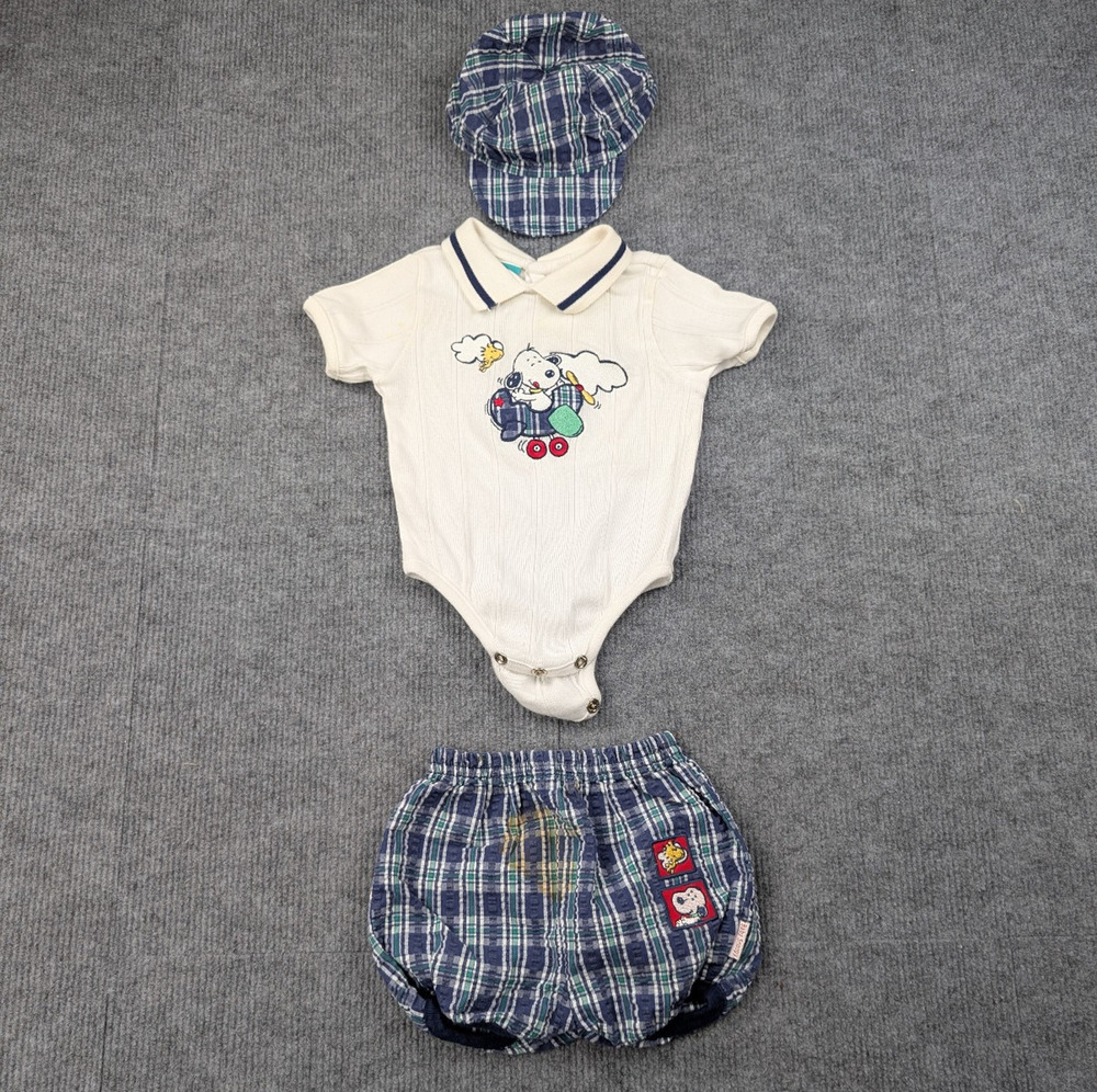 Vintage Snoopy Outfit Baby 3-6M Full Set Plaid Embroidered Hat One Piece Shorts